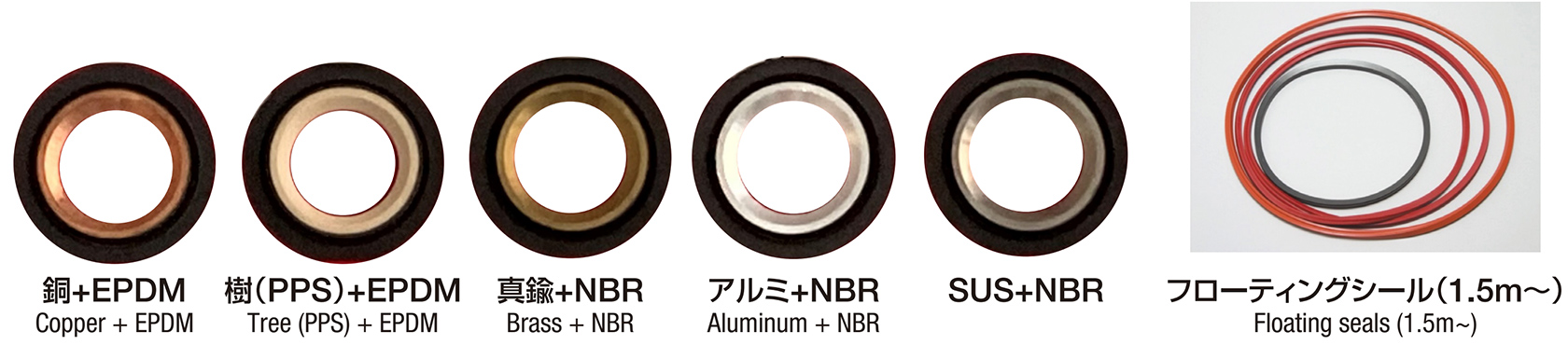 銅+EPDM・樹（PPS）+EPDM・真鍮+NBR・アルミ+NBR・SUS+NBR・フローティングシール（1.5m～）